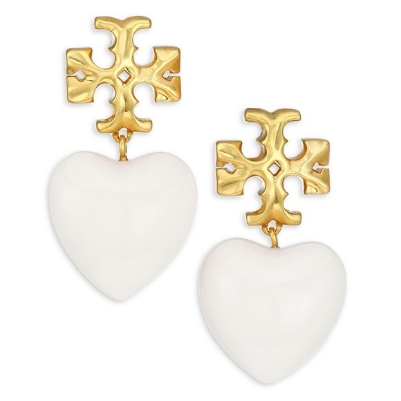 🆕Tory Burch Authentic Roxanne Gold-Tone & Resin Heart Earrings In Ivory White - Picture 8 of 11